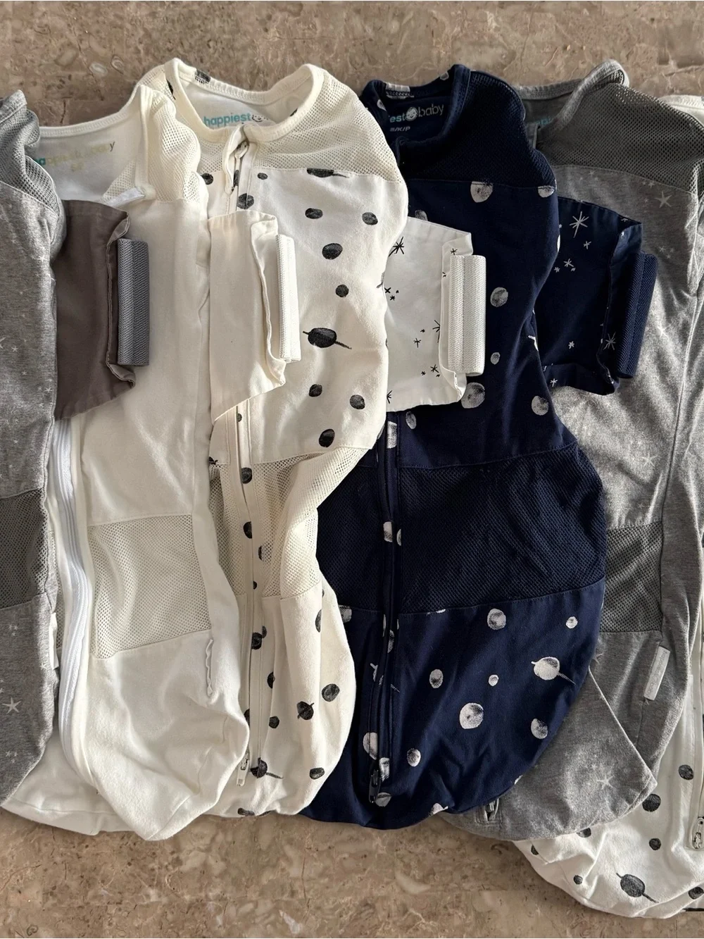 happiest baby Kids One-Piece Sleep Sacks - White, Navy, Gray and 2 Snoo Sheets